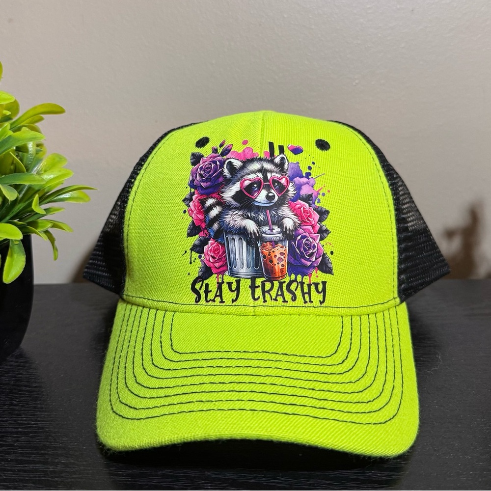 Neon Green Trucker Hat with Trashy Raccoon Graphic